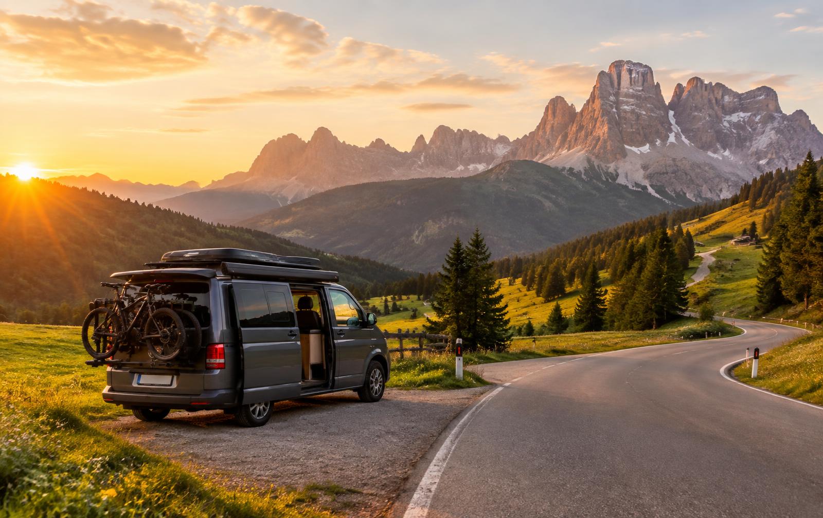 Camper en una carretera de montaña al atardecer